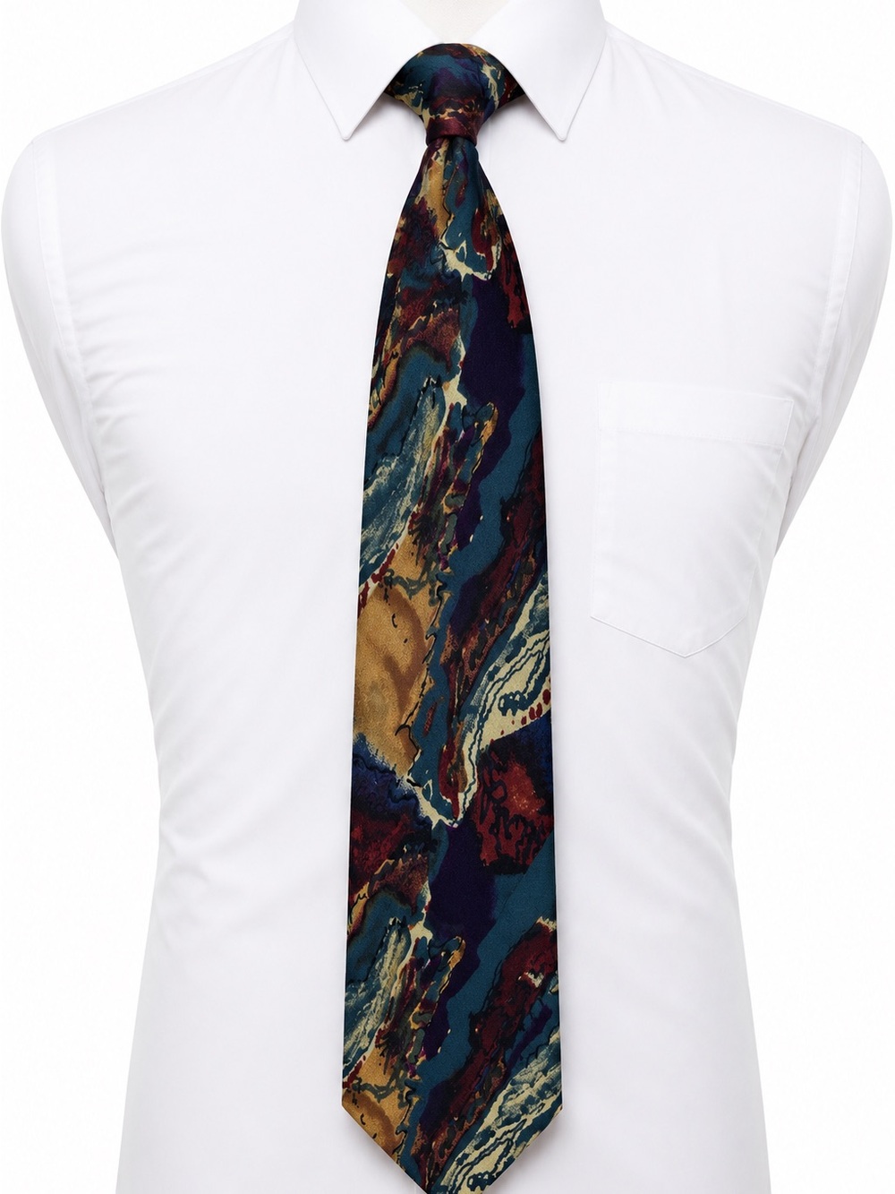 Abstract 100% Silk Wide Art Tie USA Earth Tone Office Wedding Retro Vintage